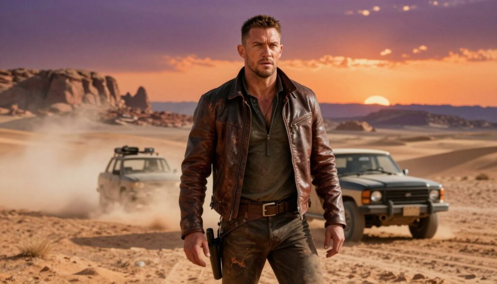 A rugged Tom Hardy in action film style, portraying a resilient character against vast desert landscapes. In the foreground, he stands heroically, clad in distressed leather attire that highlights his muscular build, with a fierce expression that embodies determination. The middle ground features a slightly chaotic scene of a vehicle chase, with dust clouds swirling and shadows cast by the setting sun, creating a dramatic contrast. The background showcases a barren yet stunning desert, with rocky formations under a deep orange and purple sky. The lighting is warm, accentuating Hardy's features, evoking a sense of adventure and survival. The image captures the essence of a post-apocalyptic world that celebrates Hardy's legacy as a survivor, filled with resilience and grit.