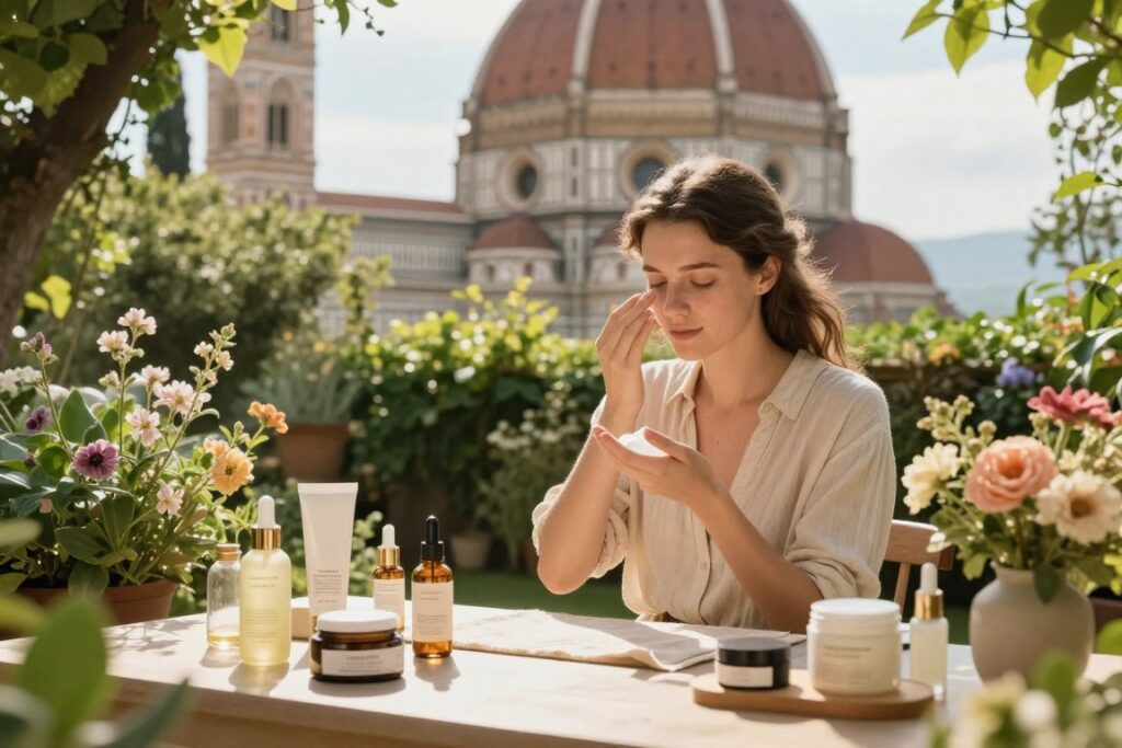 A serene and lush Florentine garden inspired setting, featuring a sustainable beauty routine. In the foreground, an elegantly arranged vanity table with natural skincare products, softly lit by gentle, diffused sunlight. The middle ground showcases a young woman, dressed in modest, stylish casual clothing, demonstrating a skincare application method, surrounded by vibrant green plants and blooming flowers. In the background, iconic Florentine architecture, like the ornate Duomo, can be seen peeking through the foliage, bathed in warm sunlight. Soft shadows add depth and create a tranquil atmosphere, inviting viewers into the world of sustainable beauty. The overall mood is peaceful and inspiring, emphasizing the connection between nature and skincare.