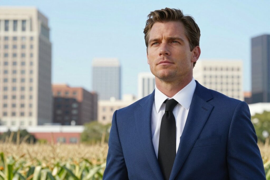 A striking portrayal of Tom Welling as Clark Kent standing confidently in a modern urban setting. In the foreground, he is dressed in an elegant blue suit with a crisp white shirt and a stylish black tie, embodying the duality of a young journalist and a hero. In the middle ground, a bustling cityscape with tall buildings under a bright blue sky sets the scene, hinting at the daily challenges Clark faces. The background includes hints of familiar Smallville elements, like cornfields merging with urban life, embodying his journey. Soft, natural lighting enhances the character's thoughtful expression, capturing a moment of determination and hope. The angle is slightly low, giving a heroic vibe, with a focus on his face, reflecting the latest news and developments surrounding Tom Welling’s iconic role.
