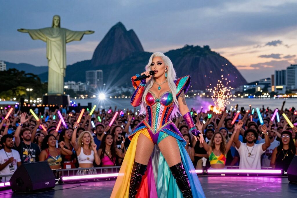 A stunning portrayal of Lady Gaga in 2026, performing on a vibrant stage set in a modern Brazilian cityscape. In the foreground, she is dressed in a glamorous, colorful outfit reflecting her eclectic style, evoking the spirit of new pop. The middle ground features an enthusiastic crowd, adorned with glow sticks and expressing joy, while bright lights and special effects create an energetic atmosphere. In the background, iconic Brazilian landmarks, perhaps the Christ the Redeemer statue or Sugarloaf Mountain, are illuminated under a twilight sky, adding a magical touch. The lighting is dynamic, casting colorful highlights across the scene, capturing the excitement and anticipation for her shows in Latin America. The composition is rich and lively, embodying hope and enthusiasm for future concerts.