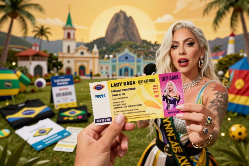A stylish and elegant lady holds vibrant concert tickets for a Lady Gaga show, surrounded by colorful decorations representing Brazilian culture. In the foreground, she wears a chic outfit suitable for a concert, exuding excitement and anticipation. In the middle ground, various official merchandise items, like a backstage pass and branded apparel, lay scattered, suggesting preparation for an upcoming event. The background features a whimsical Brazilian landscape, incorporating iconic landmarks, subtly illuminated by warm golden lighting that creates a festive atmosphere. The image should convey a sense of hope and joy as fans prepare for a legendary performance, captured with a shallow depth of field to keep the focus on the tickets and the woman's engaging expression.