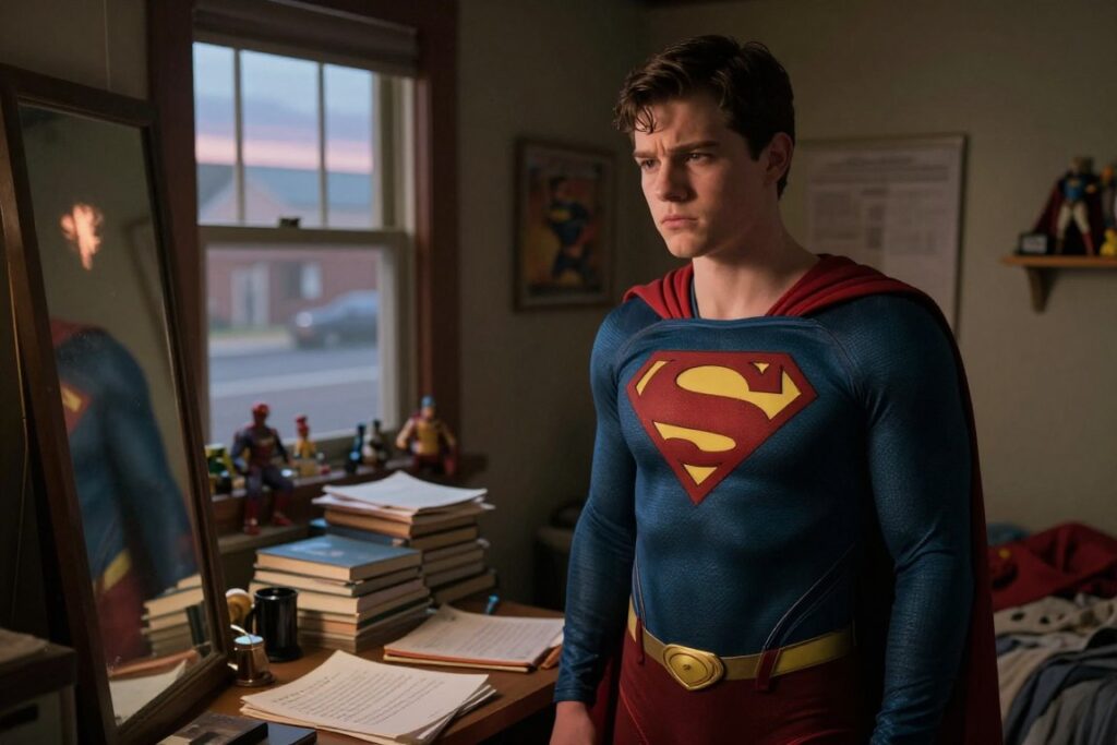 A teenage Clark Kent stands in a small, dimly lit bedroom filled with superhero memorabilia and school books scattered around. His expression is one of deep contemplation, with a furrowed brow and a slight frown, reflecting his doubts and insecurities. In the foreground, a mirror reflects his uncertain gaze, capturing the contrast between his ordinary teenage life and the superhero destiny looming ahead. The middle ground features a desk cluttered with notes about his aspirations and struggles, while in the background, a window shows a glimpse of Smallville’s quiet streets under a soft twilight sky. The lighting is warm but subdued, creating an introspective atmosphere. The angle is slightly tilted, emphasizing the emotional turmoil Clark experiences as he navigates the challenges of adolescence.