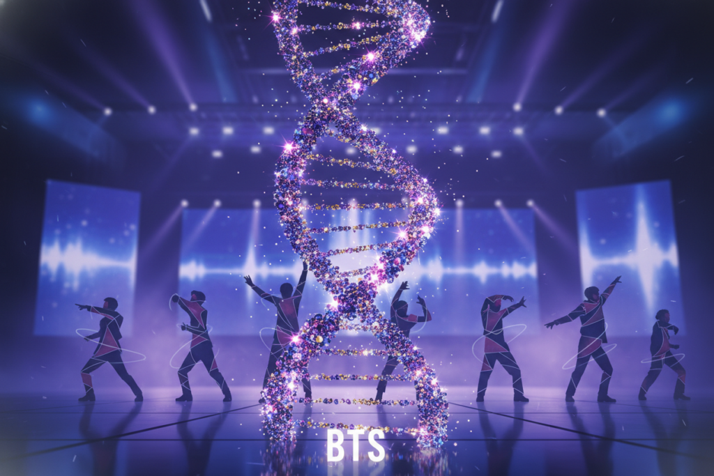 A vibrant and dynamic representation of DNA, spiraling gracefully in a three-dimensional space, symbolizing the intricate choreography of BTS. In the foreground, the DNA helix is artistically illuminated, showcasing its double-stranded structure made of luminous beads. The middle layer features subtle silhouettes of dancers in synchronized poses, incorporating geometric patterns to echo the rhythm of their movements. The background presents a blurred stage setting with atmospheric lighting, reminiscent of a concert, accentuated by a blend of purple and blue hues creating an energetic yet harmonious feel. The entire scene conveys a sense of movement and unity, reflecting the essence of BTS's performances through the lens of their musical DNA.