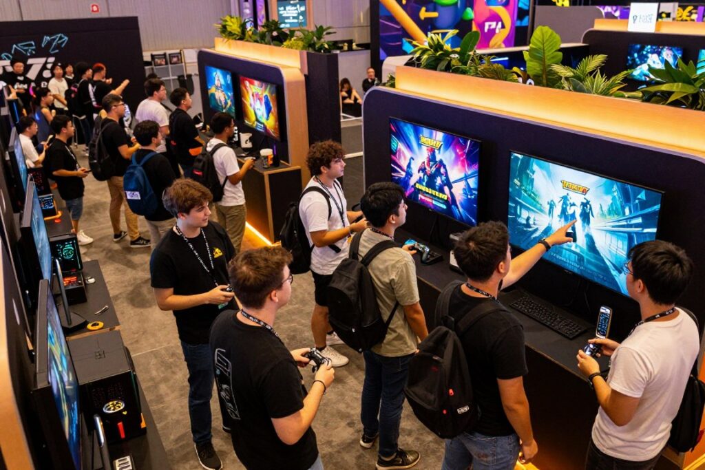 A vibrant and dynamic scene depicting a modern video game launch event. In the foreground, excited gamers of diverse backgrounds, dressed in casual yet stylish clothing, eagerly discussing the latest games, with some holding game controllers and others pointing at large screens displaying trailers. In the middle ground, a sleek booth showcasing top games with colorful banners and displays, illuminated by bright, ambient lighting. The background features an expansive convention hall filled with additional gaming booths, adorned with eye-catching visuals and greenery, and an excited crowd. The atmosphere conveys anticipation and enthusiasm, with warm lighting creating an inviting mood, capturing the electrifying energy of a bustling video game release event. The angle should be slightly elevated, giving a broad view of the lively atmosphere and interactions among the attendees.