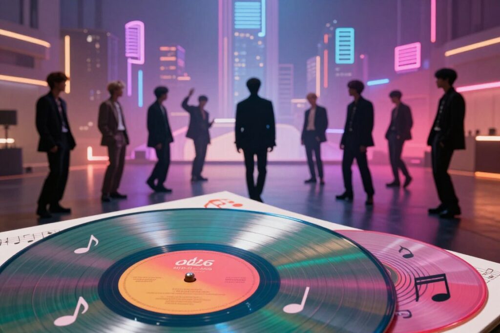A vibrant and dynamic scene showcasing the essence of BTS's new album in 2026. In the foreground, a colorful vinyl record with a striking cover design, symbolizing the evolving discography, is surrounded by musical notes and abstract sound waves. In the middle, silhouettes of the seven BTS members, dressed in stylish and modern outfits, appear engaged in an energetic rehearsal. The background features a futuristic cityscape illuminated by neon lights, representing the innovative concepts of their new music. Soft, ambient lighting casts a warm glow, creating an inspiring and optimistic atmosphere that reflects the band's global impact on music. The angle is slightly tilted upwards, giving a sense of aspiration and forward movement.