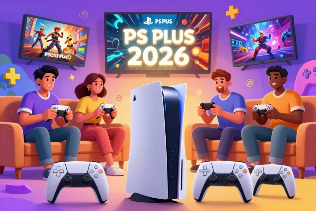 A vibrant and engaging digital illustration showcasing the various benefits of a PS Plus subscription in 2026. In the foreground, depict a sleek, modern gaming console with the PS Plus logo prominently displayed, surrounded by an array of gaming accessories. In the middle ground, illustrate a diverse group of individuals enjoying gaming together, dressed in smart casual attire, highlighting the social aspect of gaming. In the background, create a dynamic gaming environment featuring vivid scenes of downloadable games, exclusive discounts, and online multiplayer experiences, all set against a colorful backdrop filled with abstract gaming icons. Use bright, inviting lighting to create an atmosphere of excitement and possibility, capturing the essence of gaming camaraderie and enhanced entertainment options.