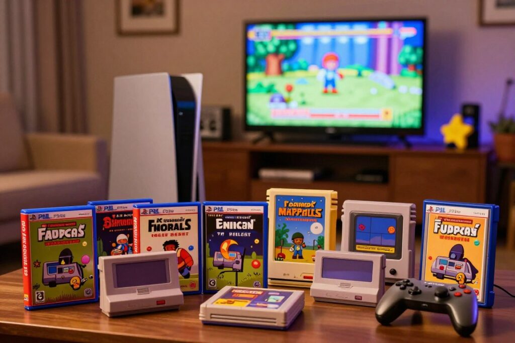 A vibrant and nostalgic scene depicting a collection of classic video games from the PS Plus catalog. In the foreground, an elegantly arranged display of vintage game cartridges and covers from beloved classic titles, glowing softly under warm lighting. The middle ground features a sleek, modern gaming console with a controller, evoking a sense of connection between old and new. The background showcases a cozy living room setting, with a large television screen displaying an iconic game scene. Emphasize a warm and inviting atmosphere, with soft shadows and a slight bokeh effect to enhance the focus on the games, creating a nostalgic yet contemporary feel perfect for a gaming enthusiast's sanctuary.
