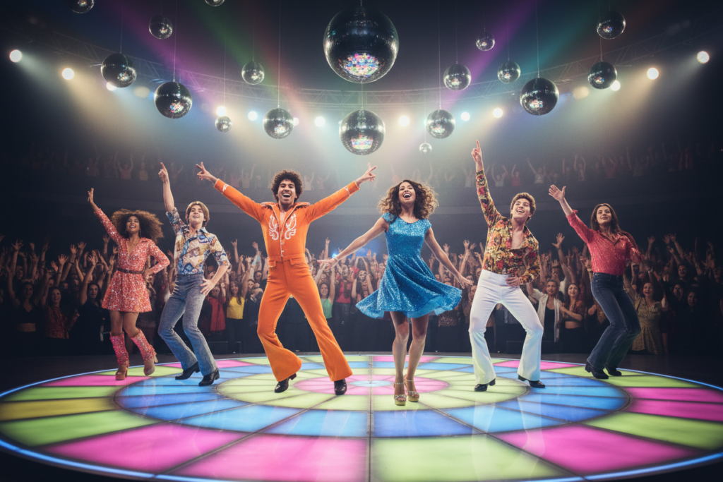 A vibrant dance scene inspired by the retro energy of the song "Dynamite." In the foreground, a diverse group of dancers dressed in stylish, colorful 1970s-inspired outfits showcases dynamic poses filled with joy and enthusiasm, expressing the fun spirit of the choreography. The middle ground features a neon-lit dance floor with glimmering disco balls reflecting colorful lights. In the background, silhouettes of a large crowd are seen enjoying the performance, emphasizing the song's popularity. The lighting is bright and colorful, casting a lively atmosphere while a soft lens effect adds a dreamy quality. The overall mood is celebratory and uplifting, capturing the essence of a mega hit that resonates with a sense of nostalgia and excitement.