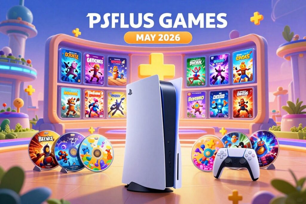 A vibrant digital illustration showcasing the PS Plus Games for May 2026. In the foreground, a sleek gaming console with the PS Plus logo, surrounded by diverse game discs featuring colorful and imaginative cover art. In the middle ground, a stylized virtual library display, showing a selection of popular game titles with dynamic imagery. The background features an ethereal gaming landscape, blending futuristic cityscapes and fantastical realms, illuminated by soft, neon lights to evoke a sense of excitement and anticipation. The overall mood is energetic and inviting, perfect for gamers looking to explore new titles. The image should have a polished, high-resolution look, captured from a slightly elevated angle, with balanced lighting to enhance the vivid colors and details.