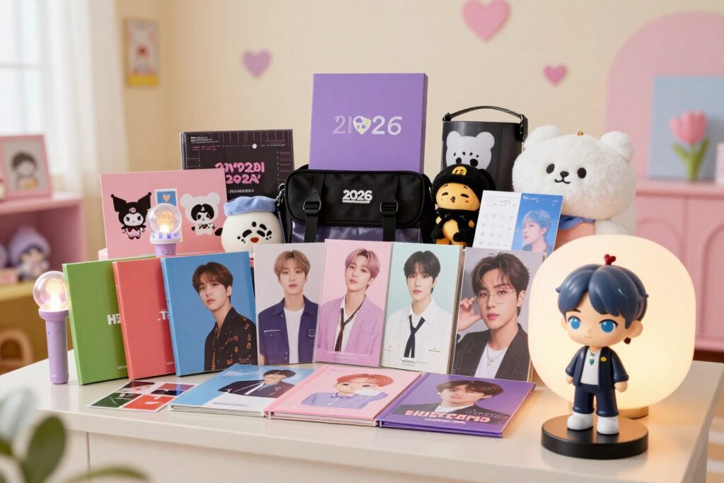 A vibrant display of BTS merchandise for 2026, featuring a variety of iconic products like colorful album covers, stylish clothing, and collectible accessories neatly arranged on a sleek surface. In the foreground, focus on a limited edition BTS figurine, with a soft spotlight highlighting its intricate details. The middle ground showcases a collection of fan-favorite items like themed bags and plush toys, surrounded by small decorative elements such as light sticks and posters. The background features an immersive fan environment with soft pastel colors and subtle heart motifs, creating a warm and inviting atmosphere. Emphasize soft natural lighting, to evoke a sense of nostalgia and enthusiasm, with a slightly blurred depth of field for a professional, polished finish.