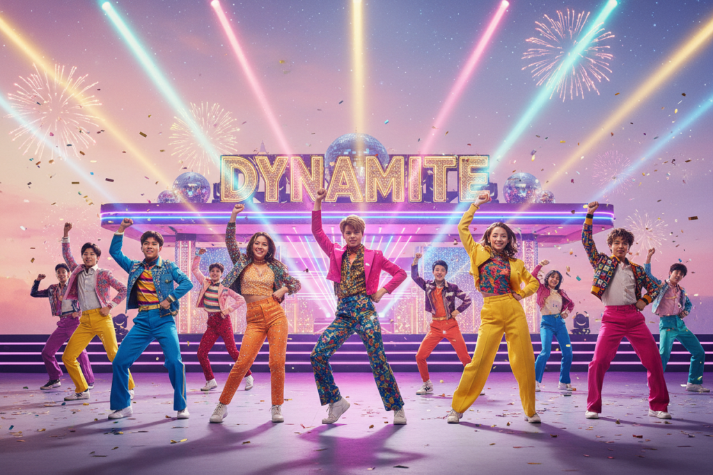 A vibrant scene depicting the essence of the song "Dynamite" from BTS. In the foreground, a diverse group of young dancers in stylish, retro-inspired outfits, featuring colorful patterns, and upbeat expressions, performing a lively dance routine. Their energy radiates positivity and joy, embodying the song's lively spirit. In the middle ground, a retro-themed stage with sparkling lights and disco balls, creating a festive atmosphere. The background features a night sky filled with twinkling stars and soft pastel colors to enhance the celebratory mood. Bright, dynamic lighting from multiple angles illuminates the dancers, creating a sense of movement and excitement. Overall, the image captures the joyful and uplifting essence of the "Dynamite" choreography.