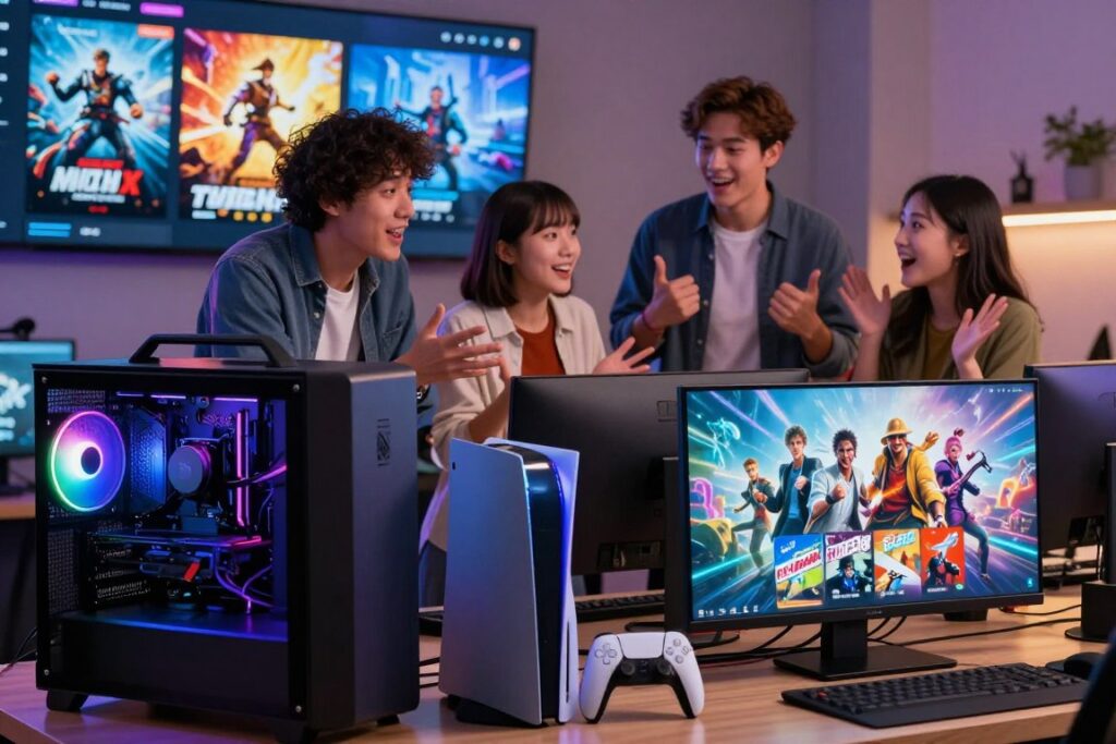 A visually striking image showcasing the latest video game releases for PC and consoles. In the foreground, a sleek gaming PC setup with vibrant RGB lighting, alongside a modern gaming console with a variety of game titles displayed. The middle ground features a diverse group of three gamers, two in casual attire and one in business casual, discussing their preferences animatedly, their faces reflecting excitement and engagement. The background includes a digital display highlighting popular game covers and trailers, creating a dynamic atmosphere. Soft, ambient lighting enhances the colors of the gaming gear, while a warm glow emanates from the screens. The scene captures the thrill of the gaming community as they explore this year's hottest releases, set in a contemporary gaming environment.
