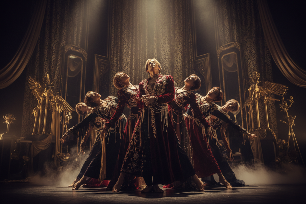 An ethereal stage setting capturing the essence of BTS's "Blood Sweat & Tears," foreground featuring elegantly dressed dancers in harmonious poses showcasing their movement and athleticism, embodying sensuality and strength. The middle layer displays a luxurious, dark-hued backdrop with sharp, dramatic lighting illuminating the dancers' silhouettes, enhancing their graceful lines. In the background, subtle hints of an opulent environment with abstract sculptures and soft textures, creating an aura of sophistication. Utilize a low-angle perspective to emphasize the importance of the performance. Soft, moody lighting with highlights reflecting off intricate details in the dancers' attire adds depth. The atmosphere is charged with emotion, merging passion and artistry, inviting viewers into a captivating visual experience.
