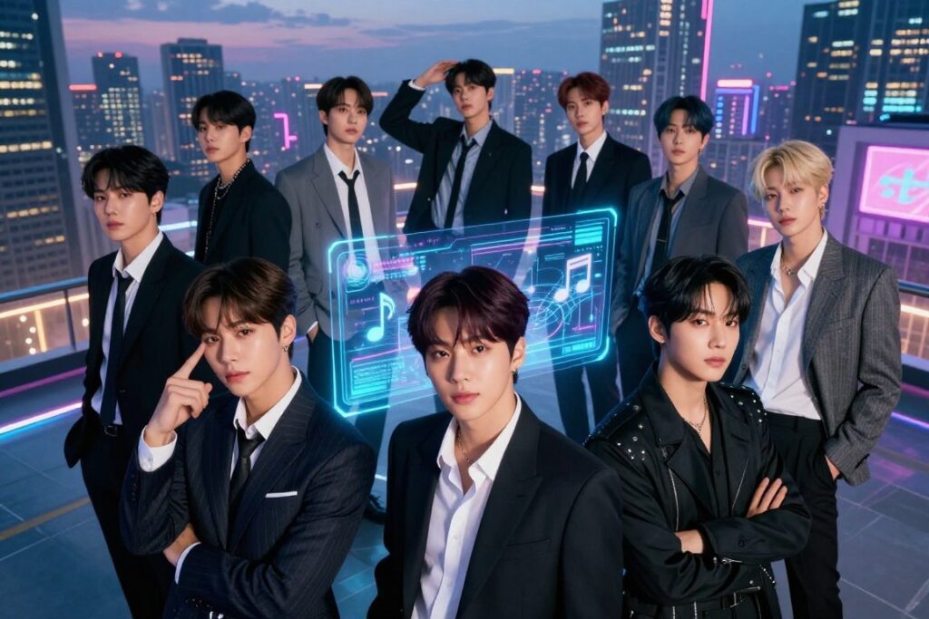 BTS in 2026, depicted as a dynamic group of young men, styles reflecting a modern blend of urban fashion and sleek professionalism, standing confidently in a futuristic setting. In the foreground, they are arranged in a semi-circle, with expressive poses symbolizing unity and ambition. The middle features holographic elements displaying music notes and digital motifs, hinting at their innovative comeback strategies. The background showcases a vibrant cityscape at twilight, illuminated by neon lights, creating a lively atmosphere. Use dramatic lighting to accentuate their features and expressions, capturing a sense of excitement and mystery. The angle should be slightly low, giving a sense of grandeur and aspiration, perfect for an article about their future plans and theories.