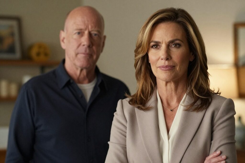 Emma Heming Willis, a sophisticated woman in her 40s, stands confidently in the foreground, dressed in elegant yet modest business attire, with soft, natural makeup and her hair styled gracefully. She exhibits a supportive and caring expression, embodying strength and compassion. In the middle ground, a softly blurred depiction of Bruce Willis in his 70s can be seen, reflecting kindness and determination, showcasing their close bond. The background features a warm, inviting home setting with gentle ambient lighting, suggesting a serene atmosphere. The image is captured with a shallow depth of field, using a 50mm lens to focus on Emma’s warm demeanor, evoking a sense of hope and resilience amid challenges. The overall mood is uplifting and encouraging, highlighting her crucial role in his journey.