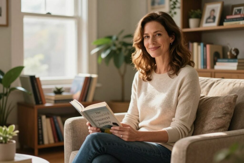 Emma Heming Willis, a woman in her 40s with warm brown hair in soft waves, smiles gently as she sits comfortably in a cozy living room filled with books and plants. She wears a professional yet casual outfit, a light sweater paired with tailored jeans. In the foreground, she holds a copy of "The Unexpected Journey," its cover subtly visible, symbolizing the theme of caregiving. The middle ground features a softly lit reading nook with sunlight streaming through a window, casting a warm glow. The background is adorned with shelves of books and framed pictures, creating a serene atmosphere. The image should have soft, natural lighting to evoke a reflective mood, emphasizing the warmth and importance of her role as a caregiver.