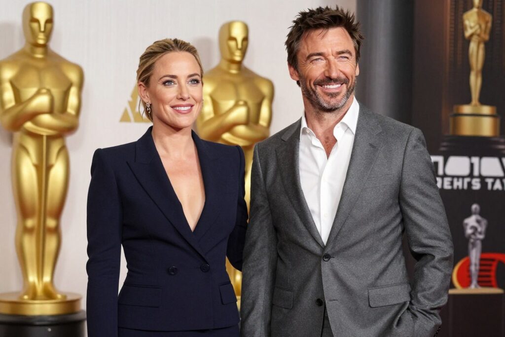 Kate Hudson and Hugh Jackman are elegantly posed together in a stylish, modern setting, exuding professionalism and charisma. In the foreground, they are dressed in chic, business attire; Kate in a tailored navy blazer and sleek pencil skirt, while Hugh wears a classic gray suit with a crisp white shirt. Their expressions convey a sense of optimism and anticipation, reflecting the theme of new beginnings. The middle ground features soft lighting that enhances their features and creates a warm atmosphere. In the background, a subtly blurred Oscar trophy and film industry memorabilia hint at Hollywood, imparting an air of elegance and success. The overall mood is lively and encouraging, perfect for representing the exciting future prospects of the actress.