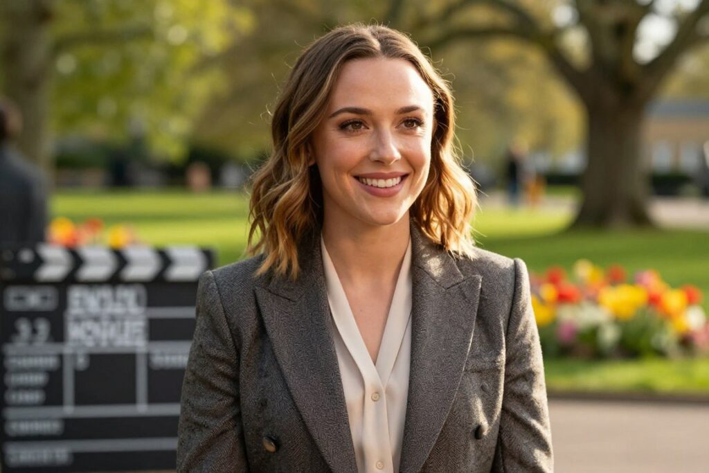 Millie Bobby Brown at age 22, captured in a radiant outdoor setting. She is wearing a stylish yet professional outfit, a tailored blazer with a soft blouse underneath, reflecting her maturity. Her hair is elegantly styled in loose waves, framing her face softly. The foreground features her with a warm smile, exuding confidence and determination, embodying the challenges and achievements of her age. The middle ground includes a blurred iconic film set from Enola Holmes 3, hinting at her latest project. In the background, a sunlit park scene, with green trees and vivid flowers, conveys a hopeful and uplifting atmosphere. The lighting is soft and golden, resembling the magic hour, with a slightly elevated angle, focusing on her poised expression.