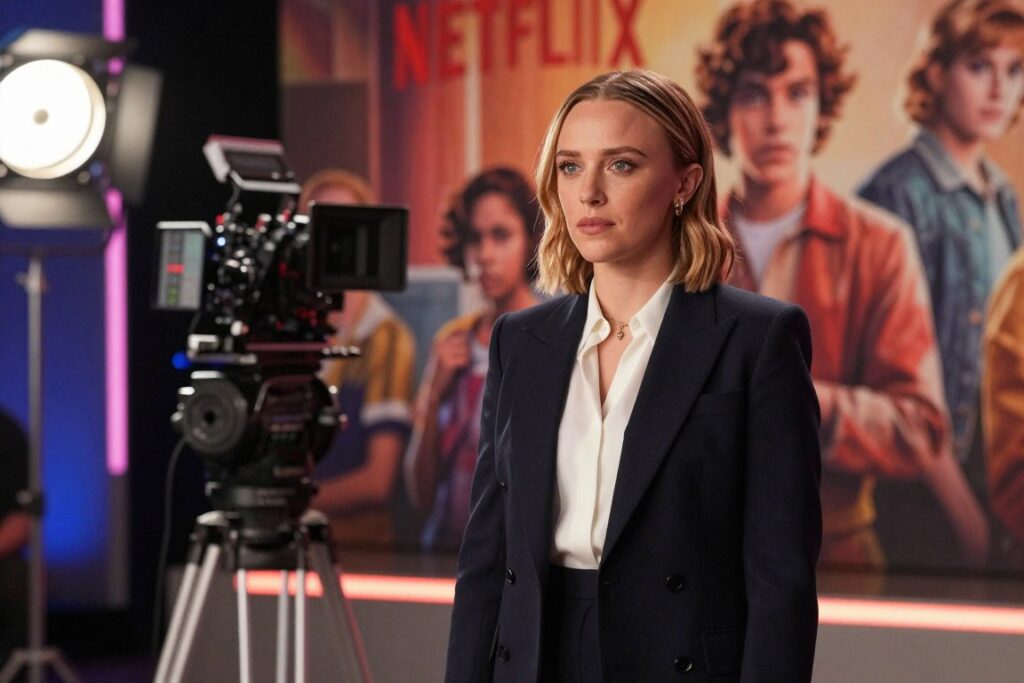 Millie Bobby Brown, elegantly dressed in professional business attire, stands confidently in a cinematic set reflecting her roles in various Netflix projects. In the foreground, she poses with a thoughtful expression, symbolizing her evolution as an actress, showcasing her journey from "Stranger Things" to new heights in "Enola Holmes 3." The middle ground features film equipment and vibrant lighting, casting a warm, inviting glow that enhances the creative atmosphere. The background includes a blurred image of iconic scenes from her past Netflix roles, creating a nostalgic yet forward-looking vibe. The composition captures both determination and excitement for her cinematic journey ahead in 2026, framed with soft focus to emphasize Millie's presence and the significance of her work.