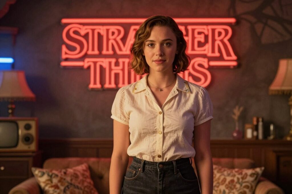 Millie Bobby Brown in a scene reminiscent of "Stranger Things," portraying a confident and mature young woman. In the foreground, she stands with an elegant posture, wearing a stylish yet modest outfit that highlights her evolving sense of fashion. Her hair is styled in a modern, fresh look reflecting her growth as an actress. The middle ground shows a backdrop inspired by the iconic 1980s aesthetic and elements from "Stranger Things," like neon lights and vintage decor. Soft, warm lighting Bathes the scene in a nostalgic glow, creating an inviting atmosphere. The background features subtle hints of a mysterious and adventurous theme, with shadows playing across the walls, suggesting a new chapter in her journey. The overall mood conveys optimism and intrigue about her future.