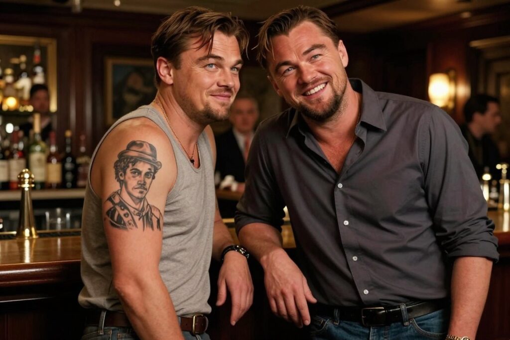 Tom Hardy, depicted with a playful expression, showcasing a freshly inked tattoo of Leonardo DiCaprio on his arm, highlighting the humorous nature of their legendary bets. He is wearing a smart-casual outfit, perhaps a fitted button-up shirt and jeans, standing in an upscale bar setting. The background is softly blurred, featuring dim lighting that casts a warm glow, enhancing the cozy atmosphere. The focal point is on Hardy's arm and tattoo in the foreground, with a subtle reflection of laughter and camaraderie in his eyes. The angle is slightly low, giving a sense of intimacy while capturing the dynamic between the two actors. The overall mood is light-hearted and fun, embodying their playful friendship.