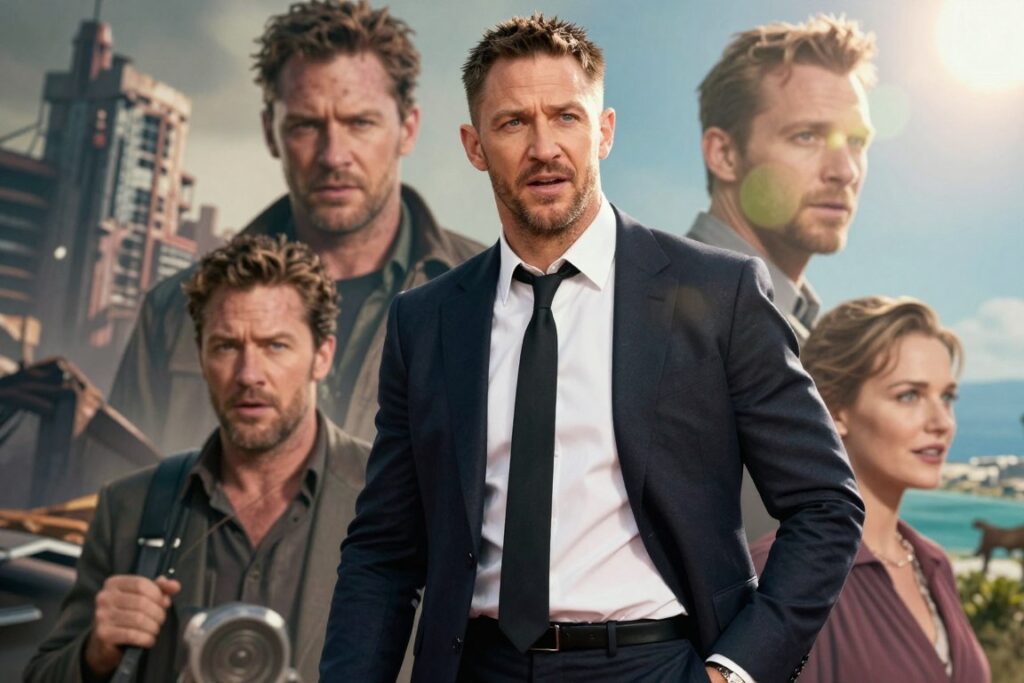 Tom Hardy standing in a dynamic pose, showcasing his versatility as an actor. He is dressed in a professional yet stylish business outfit, exuding charisma. In the foreground, Hardy's expressive face displays a range of emotions, hinting at various characters he has played, from intense to playful. In the middle ground, a collage of iconic elements representing his film roles surrounds him, like a rugged backdrop of a post-apocalyptic city and a serene landscape. The background features soft bokeh lights, creating a cinematic feel. Natural lighting highlights his chiseled features, while a slight lens flare adds drama to the scene. The overall mood is vibrant and intriguing, capturing the essence of Hardy's eclectic persona in Hollywood.