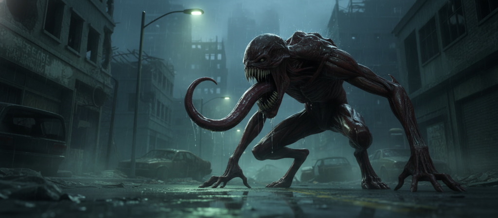 A Licker from Resident Evil, its elongated tongue and jagged teeth glistening menacingly, poised in an aggressive stance. The creature's sinewy, emaciated body is covered in slick, dark skin, showcasing its unsettling, humanoid form. In the foreground, the Licker is central, emerging from the shadows on a dimly lit street, emitting an eerie glow from the surrounding flickering fluorescent lights. The middle ground features broken buildings and debris, creating a chaotic urban environment, while the background unveils a dark, foggy cityscape. The atmosphere conveys suspense and horror, with mist swirling around, casting ghostly reflections. Use dramatic lighting to accentuate the creature’s menacing features, shot from a low angle to emphasize its formidable presence.