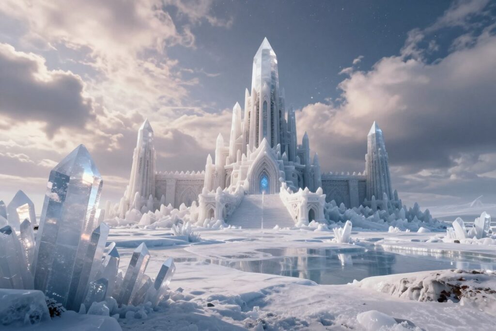 A breathtaking view of the "Fortaleza da Solidão," nestled within a vast, icy landscape. In the foreground, sharp crystalline structures rise majestically, reflecting soft glimmers of light, emphasizing their intricacy. In the middle ground, the fortress stands tall, crafted from alien crystals, with towering spires and geometric designs that hint at its extraterrestrial origins. The background features a dramatic sky filled with swirling clouds, illuminated by the ethereal glow of distant stars. The scene captures a serene, mystical atmosphere, blending elements of futuristic architecture with ancient mythology. Soft, diffused lighting enhances the tranquil mood. The perspective is from a low angle, creating a sense of grandeur and wonder.