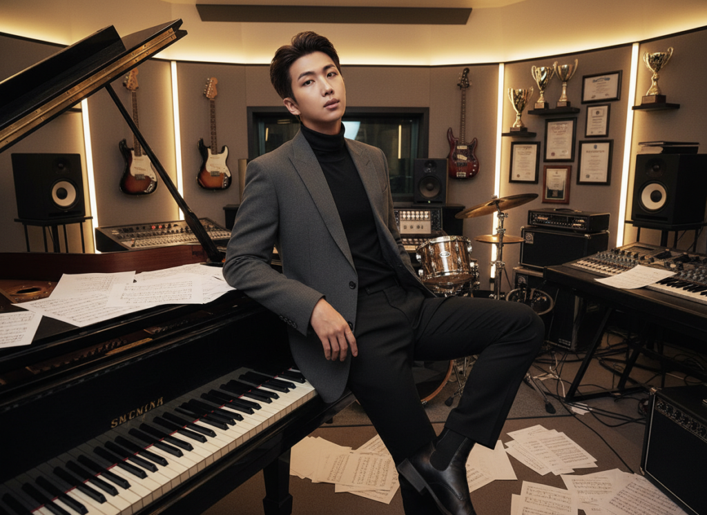 A confident and charismatic male figure, representing RM from BTS, stands in a modern studio setting filled with musical instruments and recording equipment. Dressed in stylish yet professional attire, he gazes thoughtfully at the camera, conveying a sense of leadership and creativity. His hand rests on a piano, with sheet music scattered around him, showcasing his role as a composer and producer. In the background, soft ambient lighting casts a warm glow, highlighting various awards and accolades on the walls, symbolizing his achievements in the K-pop industry. The atmosphere is dynamic and inspiring, reflecting the energy of innovation and artistry that RM embodies in his career. The angle is slightly tilted downward, emphasizing his stature as a leader while maintaining a professional, approachable demeanor. A confident and charismatic male figure, representing RM from BTS, stands in a modern studio setting filled with musical instruments and recording equipment. Dressed in stylish yet professional attire, he gazes thoughtfully at the camera, conveying a sense of leadership and creativity. His hand rests on a piano, with sheet music scattered around him, showcasing his role as a composer and producer. In the background, soft ambient lighting casts a warm glow, highlighting various awards and accolades on the walls, symbolizing his achievements in the K-pop industry. The atmosphere is dynamic and inspiring, reflecting the energy of innovation and artistry that RM embodies in his career. The angle is slightly tilted downward, emphasizing his stature as a leader while maintaining a professional, approachable demeanor.