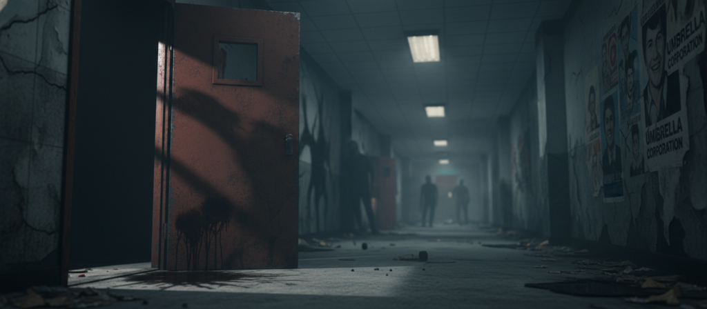 A dimly lit, eerie corridor in an abandoned Raccoon City facility, where shadows loom and flickering lights cast unsettling shapes. The foreground features a rusty, blood-stained door slightly ajar, with ominous dark stains on the floor. In the middle, a hazy atmosphere hangs heavy, with distant, indistinct figures barely visible in the gloom, hinting at lurking dangers. The background reveals cracked walls adorned with peeling posters of long-gone residents, remnants of a once-thriving community. A sense of dread pervades, and soft, creaking sounds seem to emanate from the shadows. The scene is captured with a narrow depth of field, emphasizing the foreground while fading the unsettling background into obscurity. The overall mood is one of suspense and foreboding, reflecting the chilling essence of fear found in Resident Evil.