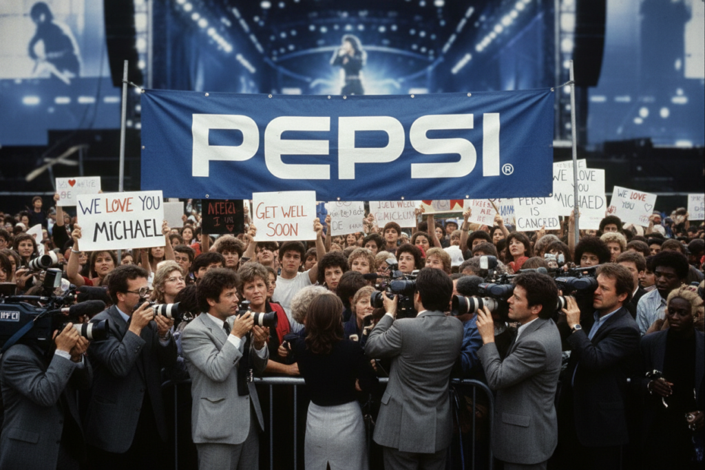 A dramatic scene capturing the media frenzy surrounding the Pepsi incident with Michael Jackson. In the foreground, a diverse group of reporters with cameras and microphones are depicted, dressed in professional attire, intensely focused on a press conference. In the middle ground, a large banner reading "Pepsi" prominently displays, while behind it, a scene of fans holding signs of support and concern for Michael can be seen. The background features a blurred image of a concert stage, hinting at Jackson's celebrity status. The lighting is bright and dynamic, simulating flashes from cameras, creating a tense yet vibrant atmosphere. The overall mood reflects a mix of excitement and anxiety, emphasizing the impact of the incident on fans and the media.