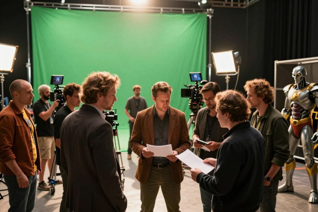 A dynamic and engaging film production scene showcasing a bustling film set dedicated to a new "Masters of the Universe" movie. In the foreground, a diverse group of professionals in smart casual attire are intensely discussing a script, with various props and costumes of iconic characters like He-Man and Skeletor around them. The middle ground features a film crew setting up cameras and lights, with a large green screen backdrop prepared for action shots. In the background, towering studio sound stages are visible, creating an atmosphere of ambition and creativity. Soft lighting casts a warm glow, while a lens flare enhances the cinematic feel. The mood conveys excitement and professionalism, encapsulating the essence of a grand blockbuster production.