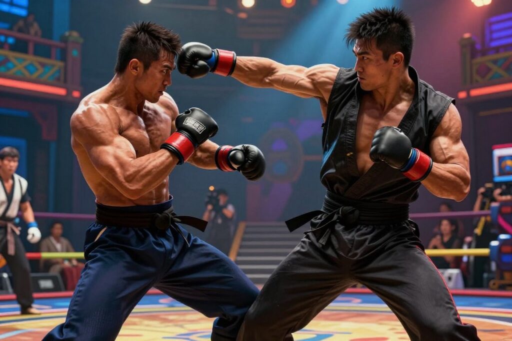A dynamic and intense scene of a brutal combat moment reminiscent of a fighting game, featuring two skilled martial artists engaged in a fierce battle. In the foreground, one fighter delivers a powerful uppercut, showcasing a muscular build and focused expression, dressed in traditional martial arts attire. In the middle ground, the second fighter attempts to evade, their face showing determination, wearing a sleek, modernized outfit. The background is an intricate arena inspired by classic fighting games, adorned with colorful, vibrant visuals and atmospheric lighting that highlights the clash. A dramatic spotlight casts shadow play across the fighters, creating an intense yet heroic mood that encapsulates the essence of legendary fighting moments.