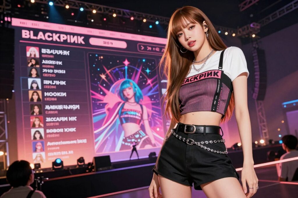 A dynamic and vibrant illustration showcasing Lisa from BLACKPINK in a stylish and modern setting, reflecting her influence in the music industry. In the foreground, Lisa is depicted wearing a chic, fashion-forward outfit that combines street style with elegance, emphasizing her status as a global fashion icon. The middle ground features musical elements, like digital streaming charts and vibrant graphics representing her hit singles and collaborations. In the background, a concert stage subtly illuminated with colorful lights sets a lively atmosphere. The lighting is warm and inviting, capturing the energy of a live performance, while the overall mood conveys excitement and anticipation for her future projects. Use a slightly angled viewpoint to create depth and excitement. The scene is lively yet professionally styled.