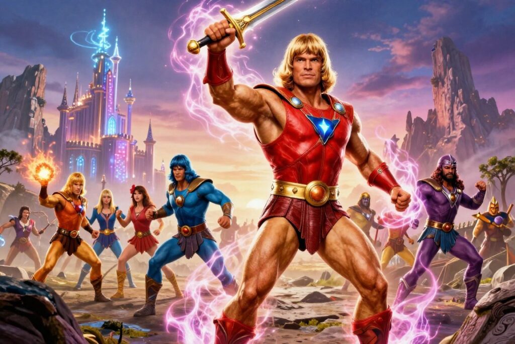 A dynamic cinematic poster for the He-Man film releasing in 2026, featuring the iconic character He-Man standing confidently in the foreground. He is clad in his classic armor with a sword raised, surrounded by magical energy. In the middle ground, you can see an epic battle scene unfolding, with colorful elements symbolizing the Power of Grayskull. The background portrays a fantastical landscape with distant mountains and a glowing castle, evoking a sense of adventure and nostalgia. The lighting is bright and dramatic, casting vibrant colors against a twilight sky to suggest an epic journey ahead. The overall mood is heroic and exciting, inviting viewers into the world of Masters of the Universe, capturing the anticipation of the upcoming release.