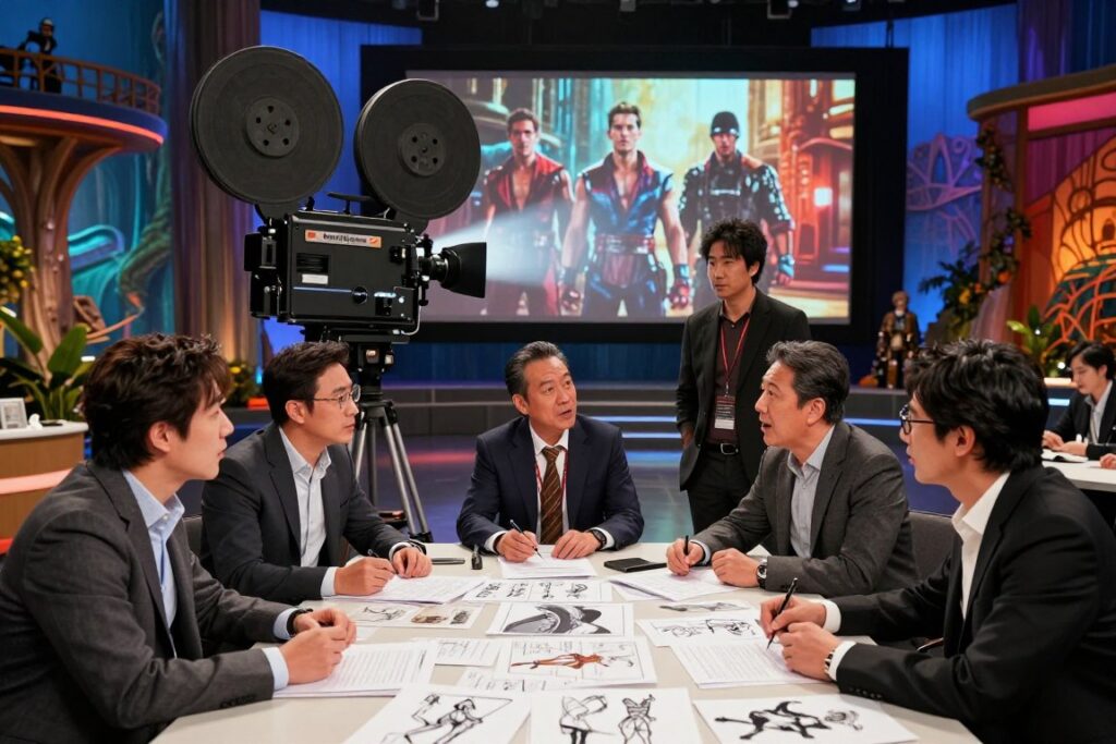 A dynamic scene from the production of "Mortal Kombat 2," set in an imaginative film studio environment. In the foreground, a diverse group of filmmakers and actors, dressed in professional business attire, discuss script revisions around a table cluttered with storyboards and character sketches. Their expressions reflect intense focus and excitement about the project. In the middle ground, a large film projector casts light onto a giant screen showcasing iconic cinematic moments from the first Mortal Kombat, evoking nostalgia. The background features elaborate sets representing exotic realms, with vibrant colors and dramatic lighting that enhance the atmosphere of creativity and collaboration. The overall mood is charged with anticipation and innovation, set against a backdrop of cinematic artistry.