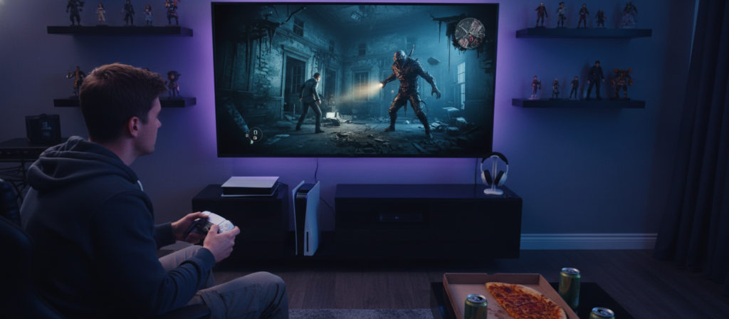 A dynamic scene showcasing a player engaged in intense gameplay of Resident Evil on the PS5. In the foreground, a young adult male, dressed in a casual gaming outfit, is focused on holding a dualsense controller, with a look of concentration on his face. In the middle, the screen of a large TV displays a visually striking moment from the game, filled with suspenseful action and vivid graphics. The background features a well-lit, modern gaming setup with ambient lighting that reflects the blue and purple hues typical of the Resident Evil aesthetic. The mood is immersive and thrilling, capturing the excitement of gaming performance on the PS5. The angle is slightly tilted from above, emphasizing the player's engagement and the action on screen, creating a sense of urgency.
