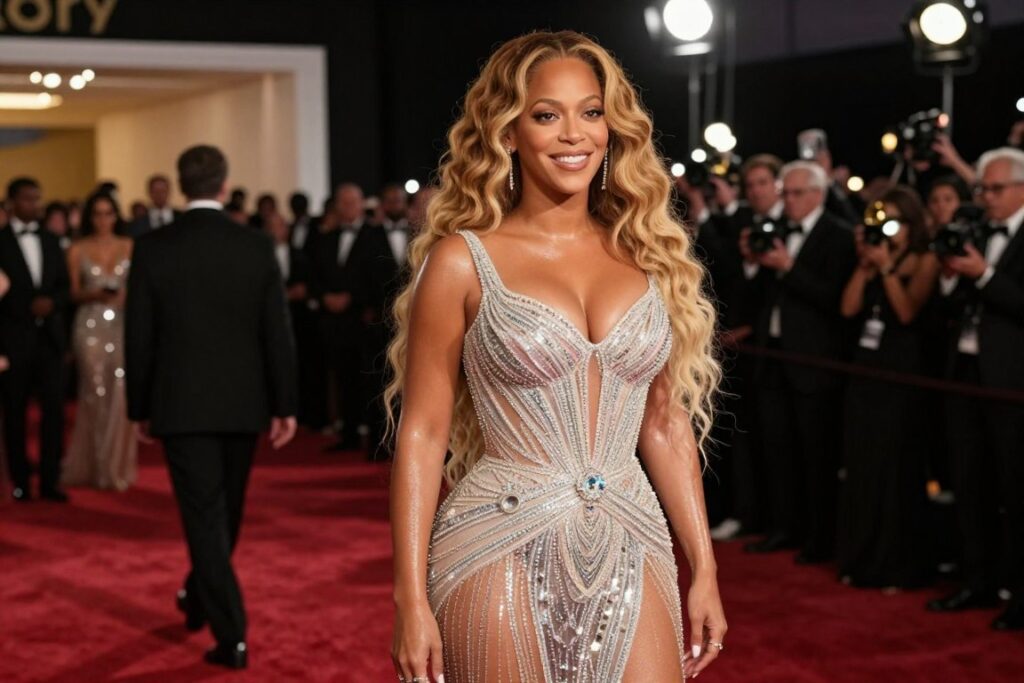 A glamorous scene capturing Beyoncé at the Grammy Awards, standing confidently on the red carpet. She is dressed in a stunning, elegant evening gown that reflects her iconic style, adorned with shimmering sequins and intricate detailing. The foreground features her striking pose, showcasing her commanding presence, with a confident smile that radiates charisma. In the middle background, the glitzy atmosphere of the awards ceremony unfolds, with softly glowing lights and the silhouette of a captivated audience. The ambient lighting highlights her figure, creating a warm, inviting atmosphere. The image should have a slightly blurred bokeh effect in the background, emphasizing Beyoncé as the focal point. The overall mood is celebratory and majestic, embodying the excitement of one of music's most prestigious nights.