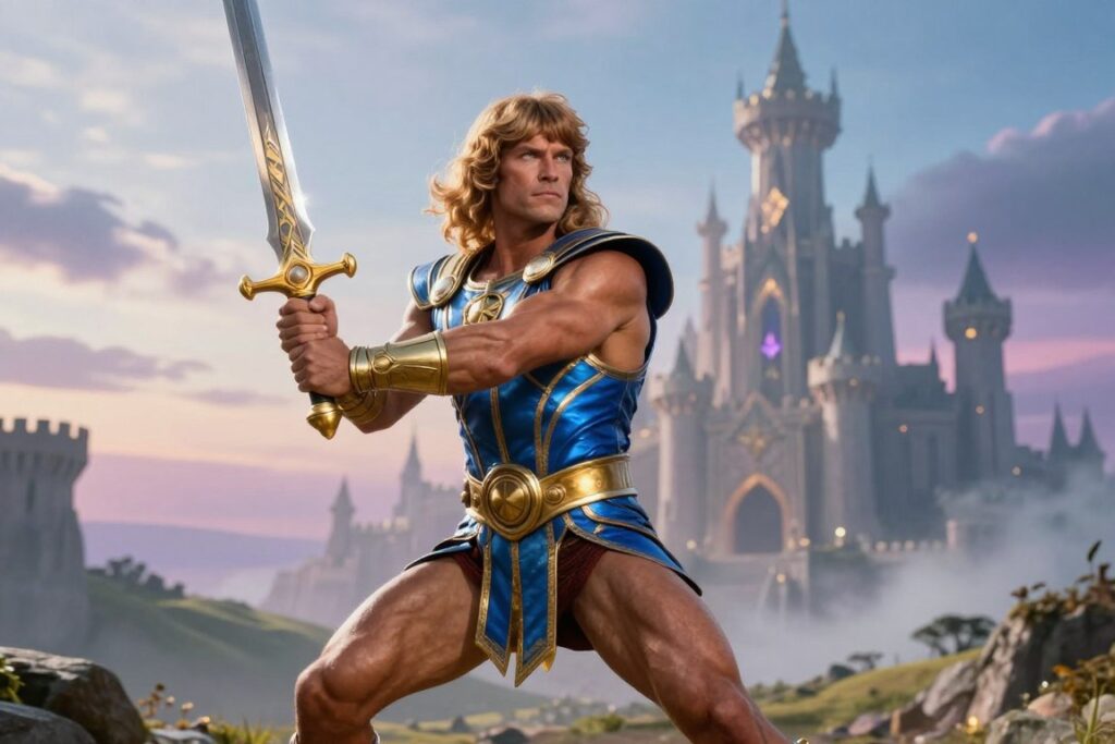 A heroic depiction of Nicholas Galitzine as He-Man, showcasing him in a dynamic pose with a mystic castle backdrop. In the foreground, He-Man wields his iconic sword, glistening under a soft, ethereal light that highlights his muscular physique and determined expression. His armor is a blend of classic and modern design, reflecting vibrant colors of blue and gold. In the middle ground, there are hints of a fantastical landscape with rolling hills and dramatic skies, adding depth to the scene. The background features the silhouette of Castle Grayskull, shrouded in mist, creating an atmosphere of adventure and mystery. The overall mood is one of strength and courage, with a bright yet balanced color palette emphasizing hope and heroism. The image is shot from a low angle to enhance his towering presence.
