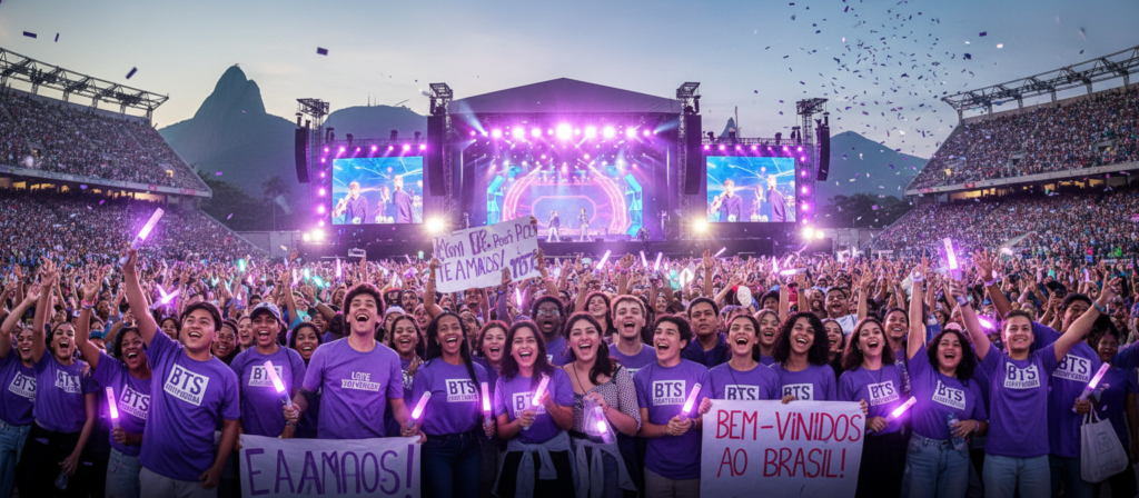 A lively scene depicting a diverse group of Brazilian BTS fans gathered at a concert venue during the group's first visit to Brazil. In the foreground, passionate young adults of various ethnicities wear colorful BTS merchandise, including shirts, hats, and lightsticks, expressing excitement and joy. Their faces reflect a mix of anticipation and happiness, with some holding up banners. In the middle ground, the concert stage is adorned with vibrant lights and decorations, capturing the festive atmosphere. In the background, a cheering crowd stretches beyond, with iconic Brazilian landmarks subtly visible, hinting at the setting. The lighting is bright and dynamic, creating a celebratory mood. The angle is slightly elevated, offering a panoramic view that emphasizes the excitement of the event. A lively scene depicting a diverse group of Brazilian BTS fans gathered at a concert venue during the group's first visit to Brazil. In the foreground, passionate young adults of various ethnicities wear colorful BTS merchandise, including shirts, hats, and lightsticks, expressing excitement and joy. Their faces reflect a mix of anticipation and happiness, with some holding up banners. In the middle ground, the concert stage is adorned with vibrant lights and decorations, capturing the festive atmosphere. In the background, a cheering crowd stretches beyond, with iconic Brazilian landmarks subtly visible, hinting at the setting. The lighting is bright and dynamic, creating a celebratory mood. The angle is slightly elevated, offering a panoramic view that emphasizes the excitement of the event.