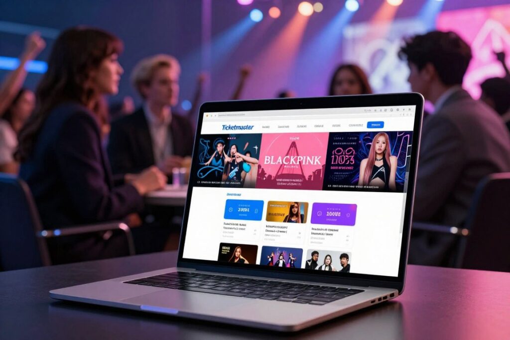 A modern digital landscape showcasing the Ticketmaster website, featuring a vibrant interface with various concert ticket options prominently displayed. In the foreground, a sleek laptop lays open, its screen glowing with multicolored buttons and event listings, emphasizing the anticipation for Lisa BLACKPINK's 2026 projects. The middle ground includes stylish, professional individuals engaged in a discussion about upcoming events, dressed in business attire. In the background, a subtle blend of vibrant concert visuals, such as cheering crowds and colorful stage lights, creates an energetic atmosphere. Soft, dynamic lighting highlights the excitement of ticket purchasing, while a shallow depth of field focuses on the laptop screen, providing clarity and engagement to the viewer.
