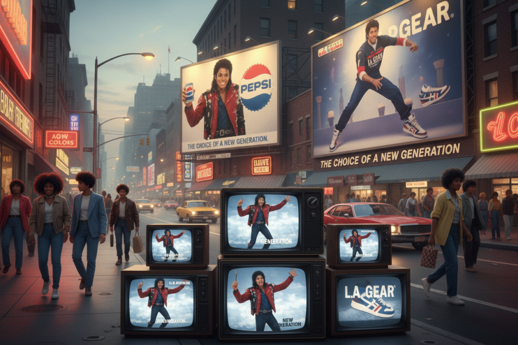 A nostalgic scene depicting the early advertisements featuring Michael Jackson, focusing on a vibrant 1980s setting. In the foreground, classic television sets display iconic commercials of Michael Jackson, showcasing his charismatic performances and unique style. The middle layer features billboards with his likeness in various advertisements—highlighting products like sneakers and soft drinks, indicative of his marketing strategies. The background shows a bustling city street from the 1980s, with pedestrians dressed in period-appropriate attire, reflecting the cultural zeitgeist. Soft, warm lighting casts an inviting glow, evoking a sense of nostalgia. The mood is lively and energetic, celebrating the impact of Michael Jackson's advertisements on pop culture. Use a wide-angle lens to capture the vibrancy and dynamism of the scene. A nostalgic scene depicting the early advertisements featuring Michael Jackson, focusing on a vibrant 1980s setting. In the foreground, classic television sets display iconic commercials of Michael Jackson, showcasing his charismatic performances and unique style. The middle layer features billboards with his likeness in various advertisements—highlighting products like sneakers and soft drinks, indicative of his marketing strategies. The background shows a bustling city street from the 1980s, with pedestrians dressed in period-appropriate attire, reflecting the cultural zeitgeist. Soft, warm lighting casts an inviting glow, evoking a sense of nostalgia. The mood is lively and energetic, celebrating the impact of Michael Jackson's advertisements on pop culture. Use a wide-angle lens to capture the vibrancy and dynamism of the scene.