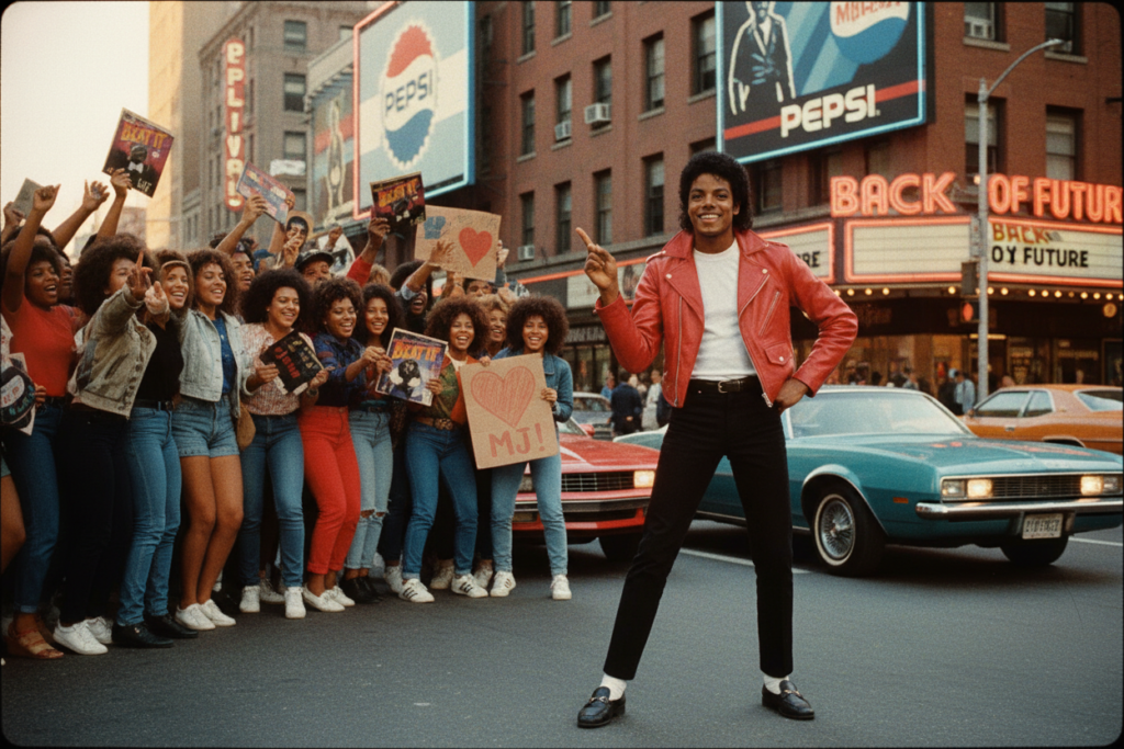 A nostalgic scene depicting the first commercial featuring Michael Jackson, set in a vibrant 1980s urban environment. In the foreground, a young Michael Jackson stands confidently, dressed in a classic red leather jacket, a white T-shirt, and black pants, showcasing his iconic style. He has a charming smile and is striking a dynamic pose, evoking a sense of energy and excitement. The middle ground features a lively street, with fans holding cassette tapes and cheering, capturing the moment's cultural significance. In the background, colorful billboards and retro cars add to the playful atmosphere of the era. The scene is bathed in warm golden lighting, enhancing the nostalgic theme, shot from a slightly low angle for a more heroic perspective, creating a lively and celebratory mood. A nostalgic scene depicting the first commercial featuring Michael Jackson, set in a vibrant 1980s urban environment. In the foreground, a young Michael Jackson stands confidently, dressed in a classic red leather jacket, a white T-shirt, and black pants, showcasing his iconic style. He has a charming smile and is striking a dynamic pose, evoking a sense of energy and excitement. The middle ground features a lively street, with fans holding cassette tapes and cheering, capturing the moment's cultural significance. In the background, colorful billboards and retro cars add to the playful atmosphere of the era. The scene is bathed in warm golden lighting, enhancing the nostalgic theme, shot from a slightly low angle for a more heroic perspective, creating a lively and celebratory mood.