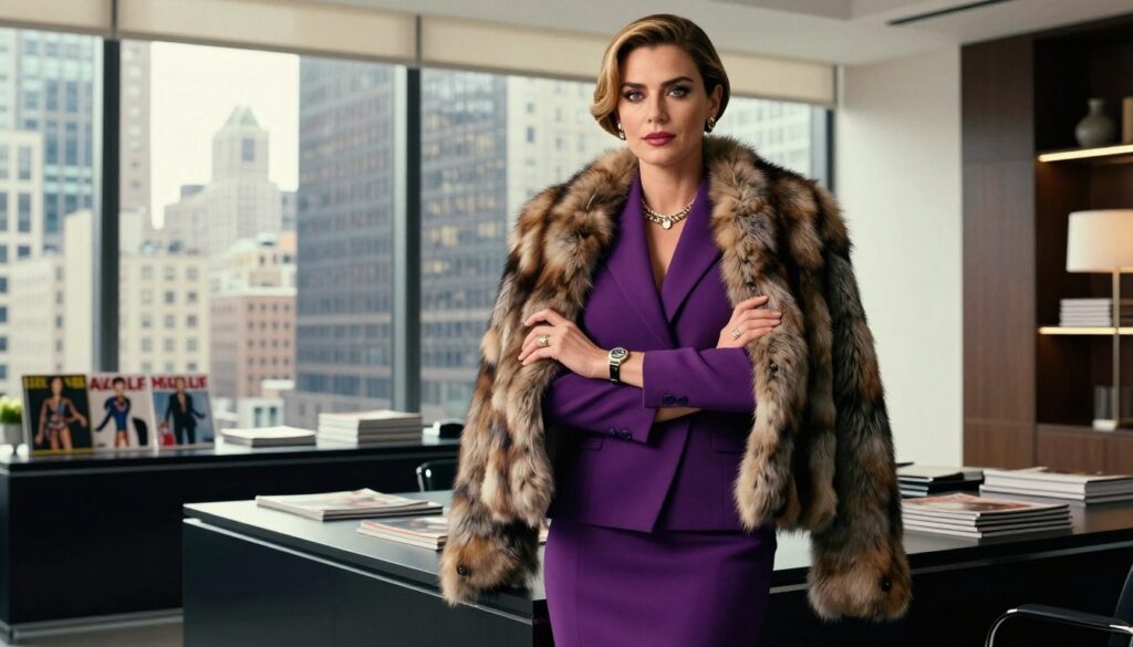 A powerful executive woman in a high-fashion office setting, inspired by the style of Miranda Priestly from "The Devil Wears Prada." She is wearing a chic, tailored suit in a bold color, accented with a luxurious fur coat and statement accessories. Her hair is perfectly styled, adding to her commanding presence. The foreground captures her confidently crossing her arms, exuding authority. In the middle, sleek modern furniture and fashion magazines hint at the glamorous world of high fashion. The background features a large window showcasing a bustling cityscape, illuminated by soft, diffused natural light. The mood is sophisticated and dynamic, emphasizing power and elegance, taken from a low angle to highlight her stature and confidence.