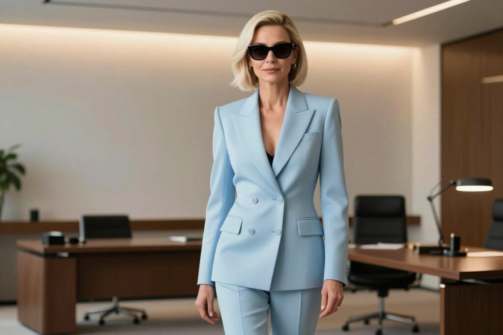 A powerful female figure stands confidently in an elegant, high-fashion office setting, embodying the impeccable style of Miranda Priestly. She exudes authority and sophistication, dressed in a tailored, ice-blue designer suit with sharp lines and a chic silhouette. Her short, platinum blonde hair is perfectly styled, complementing her high-fashion sunglasses. The background features sleek, modern furniture and minimalist decor, accentuated by soft, ambient lighting that casts a warm glow. The scene captures a sense of ambition and poise, with a slight depth of field to focus on her commanding presence. The atmosphere reflects the blend of power and high fashion, emphasizing the “cold impeccable” aesthetic.