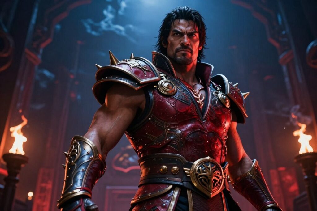 A powerful portrayal of Shao Kahn reimagined as a fierce and determined Karl Urban, standing tall in imposing armor that gleams under dramatic lighting. In the foreground, Karl Urban’s expressive face reveals a confident and intense demeanor, reflecting the character’s ruthless nature. The middle ground features intricate details of the armor, adorned with spikes and heraldic symbols, showcasing both strength and authority. The background presents a dark and mystical arena from Mortal Kombat, with ominous clouds and flickering torches casting eerie shadows. The scene is captured from a low angle to emphasize his dominance, with cinematic depth and sharp focus on Urban's expression. The overall mood is intense and foreboding, with a color palette dominated by dark blues and deep reds.