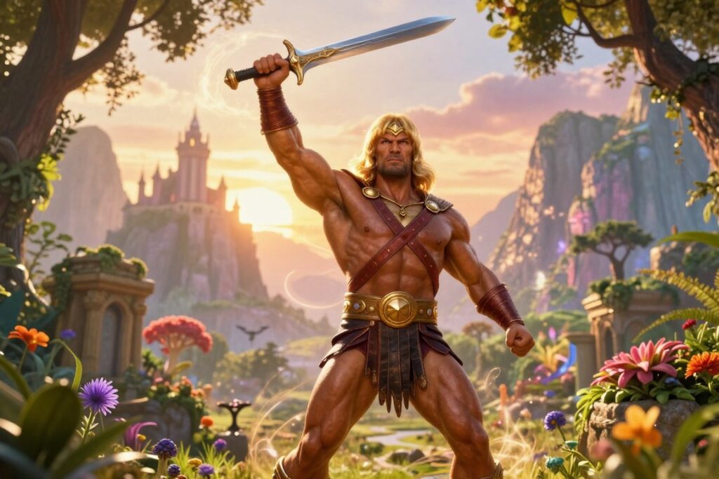 A powerful scene depicting He-Man standing triumphantly in a lush, mystical landscape of Eternia. In the foreground, He-Man, with his iconic sword raised high, showcases a muscular physique adorned with armor that gleams in the sunlight. His fierce expression reflects determination and bravery. In the middle ground, glimpses of colorful landscapes dotted with ancient ruins and vibrant flora convey the rich history of Eternia. A soft golden light filters through the trees, creating an ethereal atmosphere, while hints of magical energy swirl around him. The background features majestic mountains and a distant castle silhouetted against a vibrant sunset, infusing the scene with a sense of adventure and hope. The overall mood is heroic and inspiring, capturing the epic essence of the He-Man storyline.