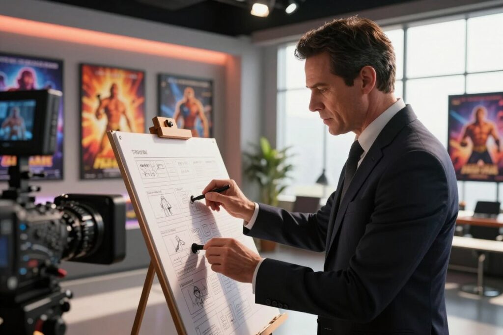 A scene depicting Travis Knight, the director of the He-Man film in 2026, positioned in a modern, stylish film studio setting. He is a middle-aged man with short, dark hair, dressed in a sharp, professional attire, focused and contemplative as he reviews storyboards on an easel. The foreground features detailed film equipment and cameras, hinting at the live-action production. In the middle ground, vibrant posters of He-Man and related characters are on the walls, showcasing the film's universe. The background reveals large windows with sunlight streaming in, casting a warm glow throughout the room. The atmosphere is creative and dynamic, reflecting the fusion of nostalgia and fresh vision for the upcoming film. The angle captures Knight’s thoughtful expression, immersing viewers in his artistic process.