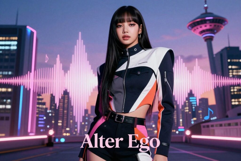 A striking portrait of "Alter Ego Lisa" from BLACKPINK, showcasing her in fashionable attire that reflects futuristic trends. Foreground: Lisa stands confidently, wearing a sleek, high-fashion outfit blending streetwear and elegance, with bold colors and geometric patterns. Middle ground: She is surrounded by an abstract representation of sound waves and musical notes, symbolizing her solo career and the impact of her album "Alter Ego." Background: A vibrant cityscape at twilight, with a blend of neon lights and innovative architectural designs, enhancing the modern feel. Use soft, dramatic lighting to emphasize her features, captured from a slightly low angle to convey strength and charisma, creating an empowering mood that reflects her expansion as a solo artist in 2026.