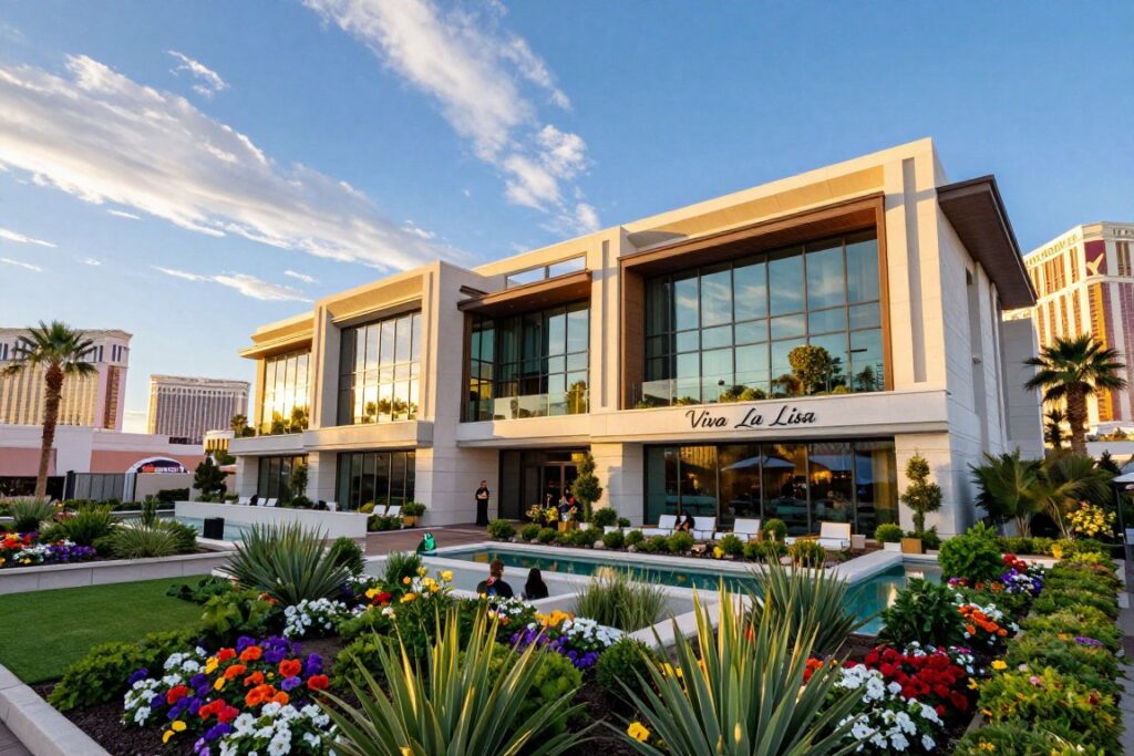 A stunning view of the "Viva La Lisa" residence in Las Vegas, capturing the architectural elegance and vibrant energy of the venue. In the foreground, include beautifully landscaped gardens with lush greenery and colorful flowers, reflecting a stylish ambiance. The middle ground features the striking exterior of the residence, characterized by modern lines, large glass windows, and a sleek façade that exemplifies contemporary design, bathed in warm, golden hour sunlight. In the background, the iconic Las Vegas skyline glimmers, emphasizing the location's allure. The atmosphere should be lively yet inviting, with a clear blue sky and soft clouds, creating a perfect setting for a fashionable event. Use a wide-angle perspective to encompass the grandeur of the residence and its surroundings, ensuring a vibrant and elegant image.